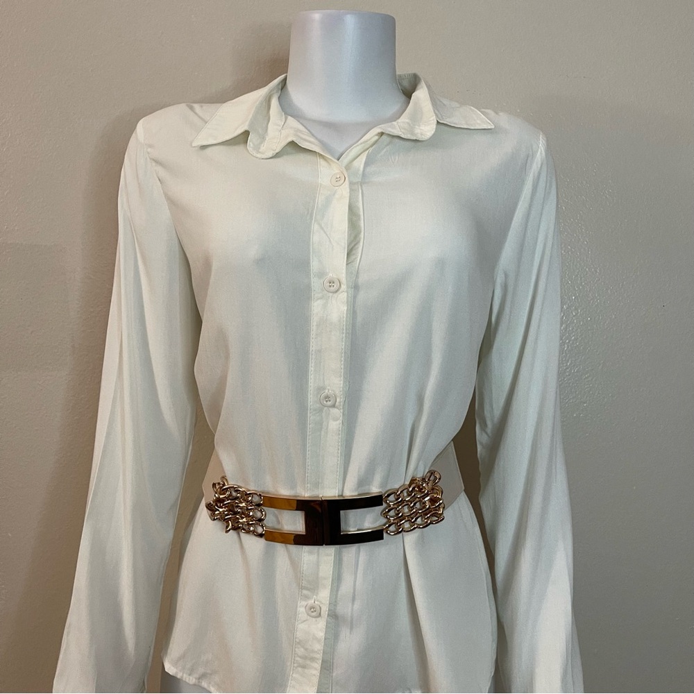 Beige PU leather gold tone buckle chained elastic waistband belt